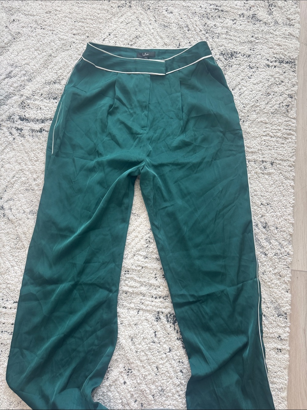 Lulus Forest Green Wide-Leg Satin Pants with White Piping